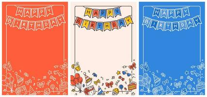 Set of vector birthday cards and posters with doodle elements.