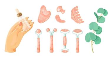 Set of rollers and pink gua sha facial massager tools on a white background. vector