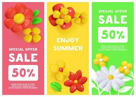 Set of vertical templates banners with 3D flowers. vector