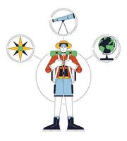 Explorer person archetype flat line concept vector hero illustration. Traveler with backpack 2D cartoon outline character on white for web UI design. Psychology editable isolated color hero image