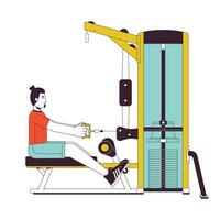 Man holding handle with outstretched arms on gym machine flat line color vector character. Editable outline full body person on white. Strength simple cartoon spot illustration for web graphic design