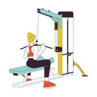 Woman pulling bar down on lat pulldown machine flat line color vector character. Editable outline full body person on white. Build stronger back simple cartoon spot illustration for web graphic design