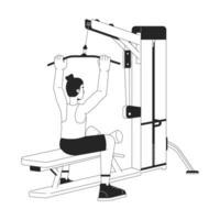 Man holding bar on lat pulldown machine flat line black white vector character. Editable outline full body person. Engaging gym equipment simple cartoon isolated spot illustration for web design