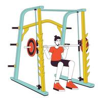 Man doing squats in power rack flat line color vector character. Editable outline full body person on white. Gym guy. Heavyweight movement simple cartoon spot illustration for web graphic design