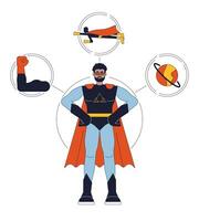 Superhero person archetype flat line concept vector hero illustration. African american man protecting world 2D cartoon outline character on white for web UI design. Editable isolated color hero image