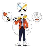 Rebel person archetype flat line concept vector hero illustration. Aggressive man with baseball bat weapon 2D cartoon outline character on white for web UI design. Editable isolated color hero image