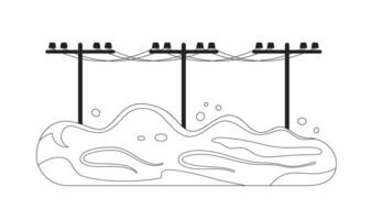 Flooded power lines monochrome flat vector object. Flood. Utility poles Editable black and white thin line icon. Simple cartoon clip art spot illustration for web graphic design