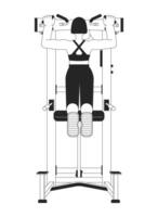 Woman pulling up on pullup machine flat line black white vector character. Editable outline full body person. Building strong upper body simple cartoon isolated spot illustration for web design