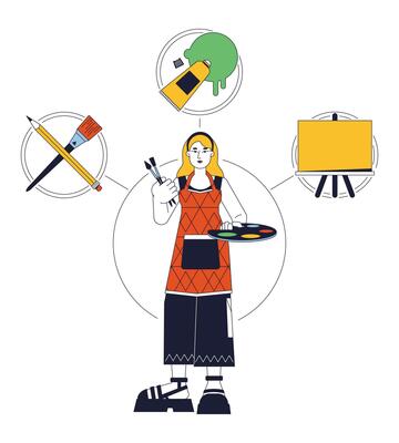 Creator archetype flat line concept vector hero illustration. Artist. Woman with color palette 2D cartoon outline character on white for web UI design. Psychology editable isolated color hero image