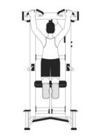 Man doing dead hangs on pull up machine flat line black white vector character. Editable outline full body person. Stretching upper body simple cartoon isolated spot illustration for web design