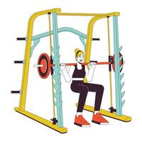 Woman squatting in weight power rack flat line color vector character. Editable outline full body person on white. Female weightlifter simple cartoon spot illustration for web graphic design