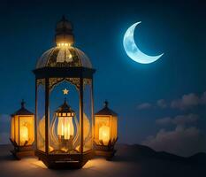 Eid Al Adha lantern in the night sky with stars and moon. AI generated. photo