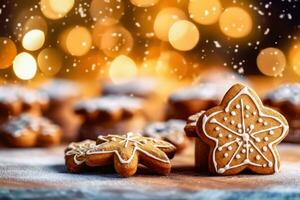 Festive Christmas Gingerbread Cookies on Blurred Bokeh Background - Generative AI photo