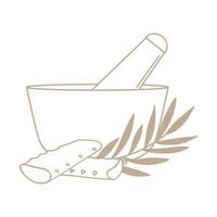 Bowl and pestle with aloe and sprig of herbs, simple icon. Skin care and beauty treatments. vector