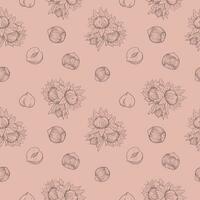 Seamless pattern Hazelnut several fruit nuts and leaves and kernels. Pink background for packing hazelnut or chocolate, pasta vector