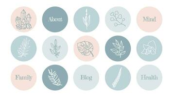 A set of highlights natural shades simple blue and beige icons for a blog about cosmetics, medicine and mental health. vector