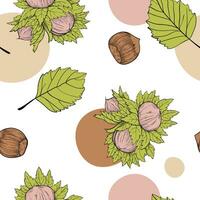 Seamless pattern hazelnut many fruit nuts and kernels, leaves in sketch style. Background with bright spots for packing hazelnut or chocolate, nut paste vector