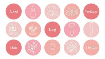 A set of highlights natural shades simple pink icons for a blog about cosmetics, medicine and mental health. vector