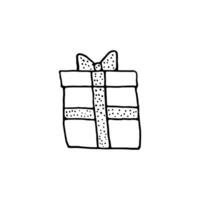 Doodle gift box with bow icon isolated on white background. Christmas and New Year presents thin line doodle in cartoon style. Gift wrap or package. Hand drawn icons vector illustration