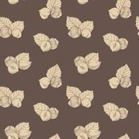 Seamless hazelnut pattern with several fruit nuts and kernels in sketch style. Dark background for packing hazelnut or chocolate, nut paste vector