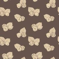 Seamless hazelnut pattern with several fruit nuts and kernels in sketch style. Dark background for packing hazelnut or chocolate, nut paste vector