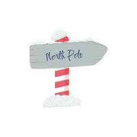 North Pole sign on a striped pillar. North pointer to Santa Claus. Snow-covered sign. vector