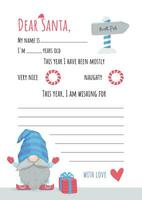 Letter to Santa Claus with a wish list for Christmas. A letter for boys with a blue gnome. vector