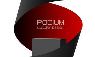 Vector of 3D grey podium black red paper swirl flow on white studio product display stage background