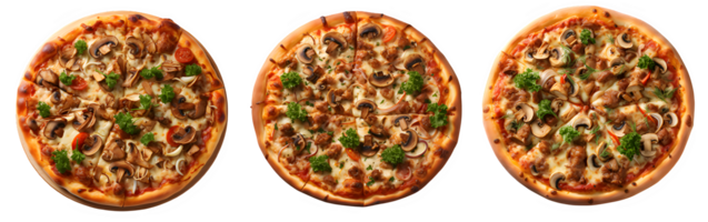 round pizza isolated on transparent background ,italian pizza with mushroom toppings ,generative ai png