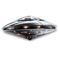 metallic silver flying saucer isolated on transparent background ,futuristic ufo spaceship png ,generative ai