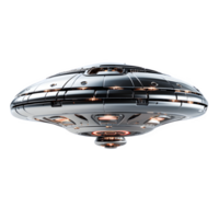 metallic silver flying saucer isolated on transparent background ,futuristic ufo spaceship png ,generative ai