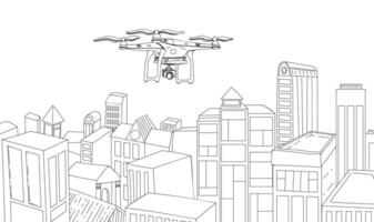 drone flying over the city line drawing. The concept of introducing technology into people's lives, surveillance and harassment, Vector illustration