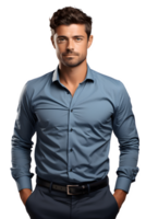 half body portrait of a handsome man wearing a blue shirt isolated on transparent background ,businessman realistic photo cut out ,generative ai png