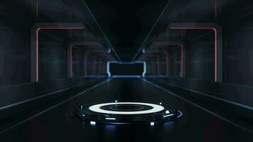 vacío etapa en el oscuro tecnología túnel, 3d representación. video