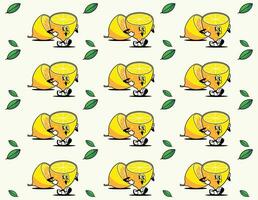 Tropical seamless pattern with cartoon character yellow lemons. Fruit repeated background. Vector bright print for fabric or wallpaper