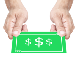 Hand holding mockup one hundred green dollar bill png