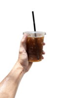 Hand hold plastic mug with cola soft drink png