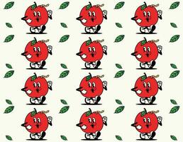 Tropical seamless pattern with cartoon character red apple. Fruit repeated background. Vector bright print for fabric or wallpaper.