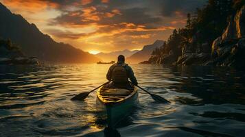 un hombre es kayak en el lago. el concepto de activo turismo y viajar. ver desde el espalda foto