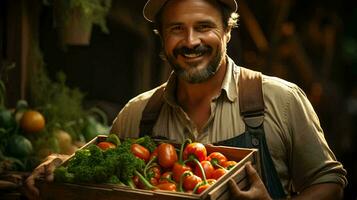 A male farmer holds a box of fresh farm vegetables in his hands photo