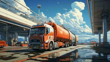 A big truck is driving along the highway delivering goods. The concept of logistics and delivery routes by road. AI generated photo