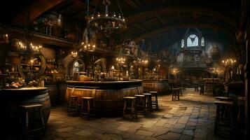 Wine bar tavern with wooden oak barrels with beer and wine photo