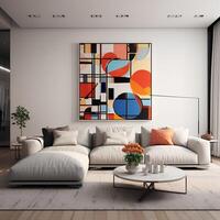 A living room with a large couch and a painting. Generative AI photo