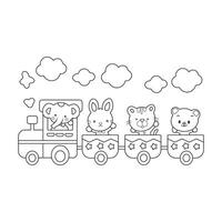 contento pequeño animal jugando y de viaje en un vistoso juguete tren niños colorante libro vector