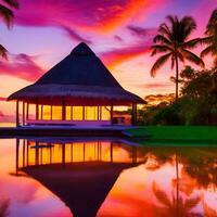 A tranquil bungalow illuminated by a vibrant Caribbean sunset, its silhouette creating a mesmerizing reflection. Generative AI photo