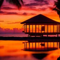 A tranquil bungalow illuminated by a vibrant Caribbean sunset, its silhouette creating a mesmerizing reflection. Generative AI photo