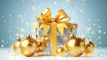 festivo regalo caja con dorado cinta y Navidad decoraciones - generativo ai foto