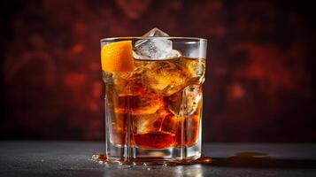 a glass of cola with ice cubes on a table photo
