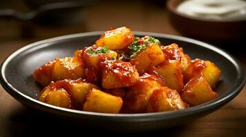 potatoes with sauce and garnish in a black bowl AI Generated photo