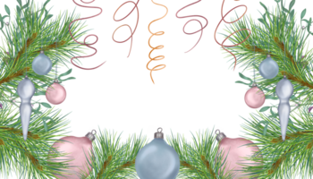 Banner of pine branch with Christmas balls, serpentine digital watercolor style illustration. Xmas tree decoration hand drawn. Element for card, 2023 new year design, holiday print. png